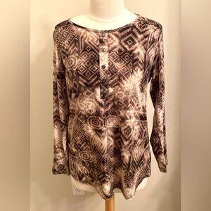 Links Brown Cream Aztec Print Boatneck Button Detail Long Sleeve Top Size Small